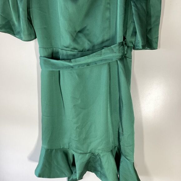 Keepsake The Label Green Satin Wrap Dress | Ruffle Short Sleeve Mini | Size L - Picture 13 of 15